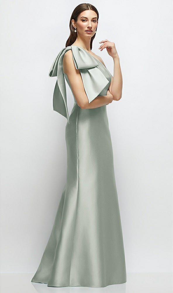 Front View - Willow Green Bow One-Shoulder Satin Maxi Dress with Trumpet Skirt