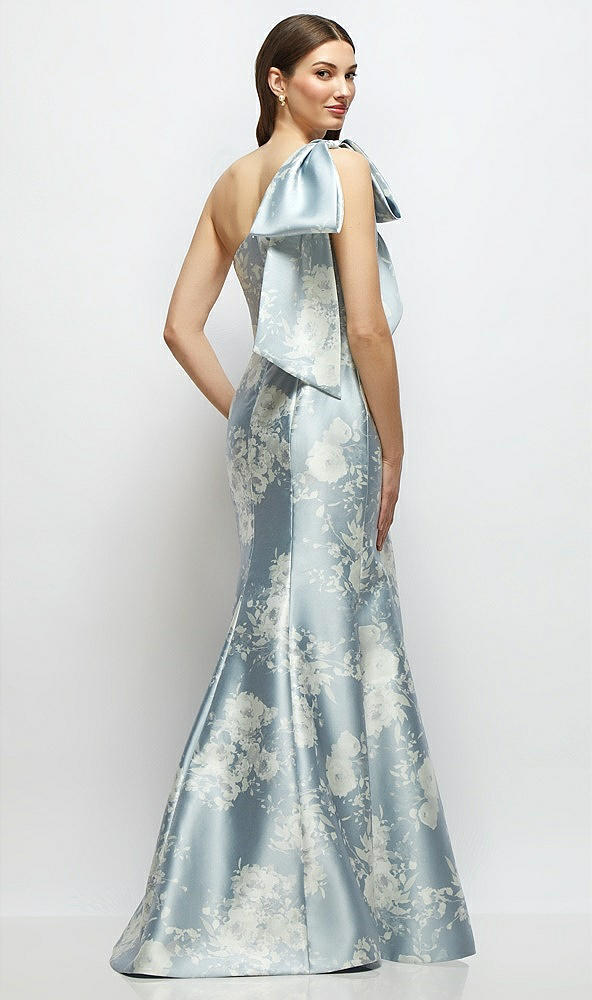 Front View - Porcelain Blue Seraphina Floral Bow One-Shoulder Satin Floral Maxi Dress with Trumpet Skirt