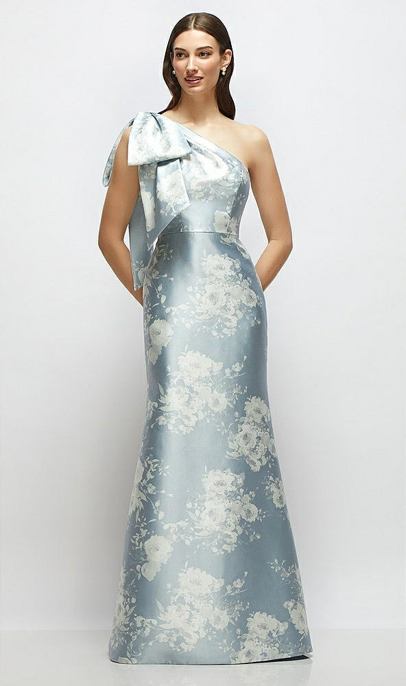 Back View - Porcelain Blue Seraphina Floral Bow One-Shoulder Satin Floral Maxi Dress with Trumpet Skirt