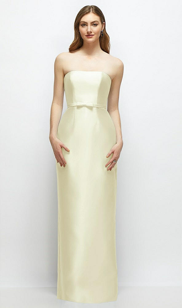 Front View - Butter Yellow Strapless Satin Column Dress with Bow-Trimmed Skinny Belt