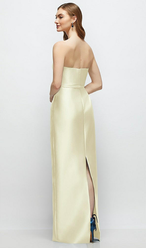 Back View - Butter Yellow Strapless Satin Column Dress with Bow-Trimmed Skinny Belt