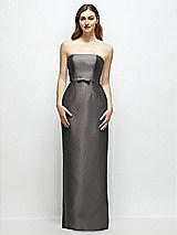 Front View Thumbnail - Caviar Gray Strapless Satin Column Dress with Bow-Trimmed Skinny Belt