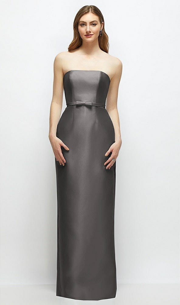 Front View - Caviar Gray Strapless Satin Column Dress with Bow-Trimmed Skinny Belt