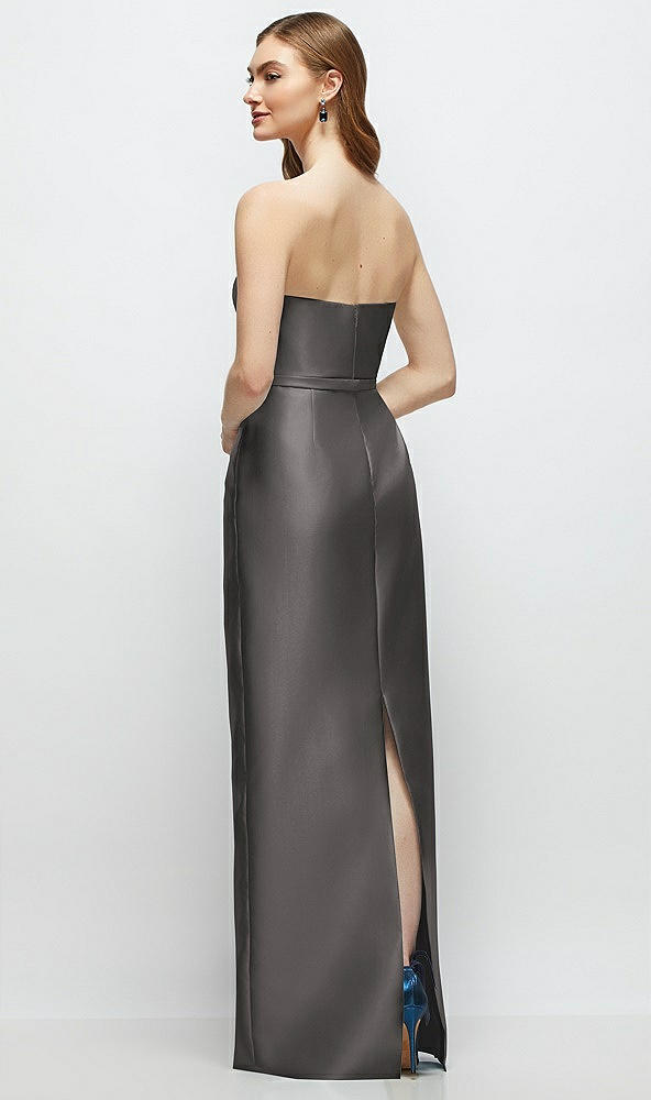 Back View - Caviar Gray Strapless Satin Column Dress with Bow-Trimmed Skinny Belt