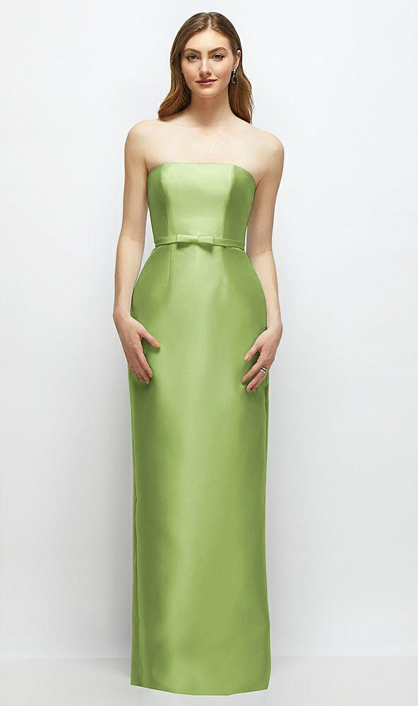 Front View - Mojito Strapless Satin Column Dress with Bow-Trimmed Skinny Belt