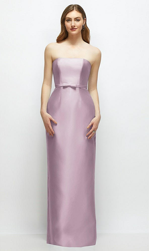 Front View - Suede Rose Strapless Satin Column Dress with Bow-Trimmed Skinny Belt