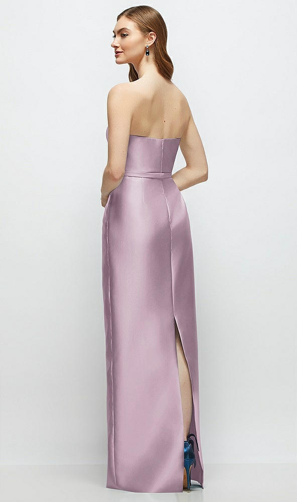 Back View - Suede Rose Strapless Satin Column Dress with Bow-Trimmed Skinny Belt