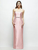 Front View Thumbnail - Ballet Pink Strapless Satin Column Dress with Bow-Trimmed Skinny Belt