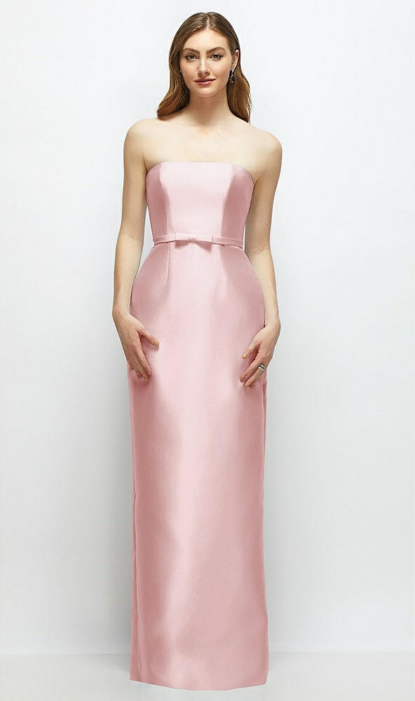 Front View - Ballet Pink Strapless Satin Column Dress with Bow-Trimmed Skinny Belt