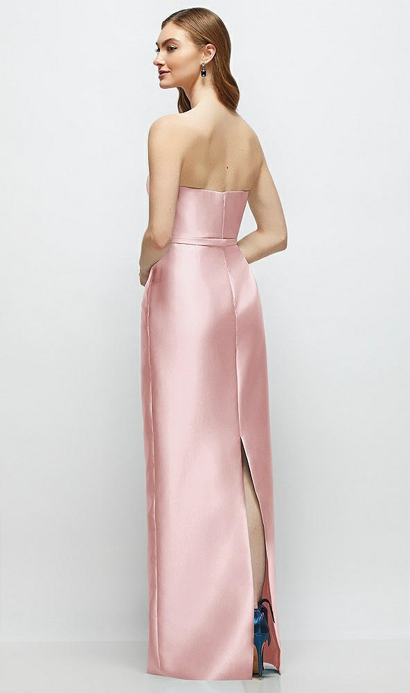 Back View - Ballet Pink Strapless Satin Column Dress with Bow-Trimmed Skinny Belt