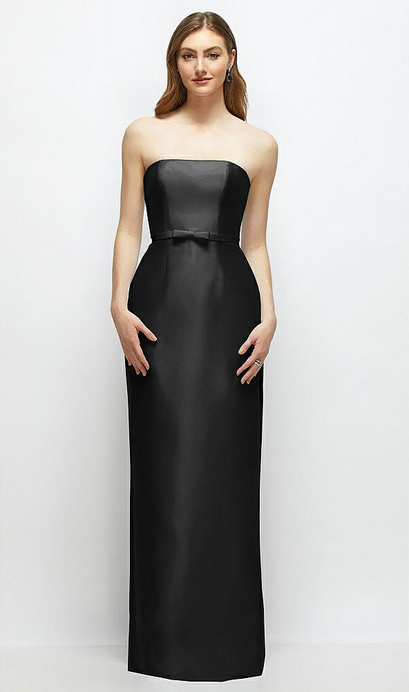 Front View - Black Strapless Satin Column Dress with Bow-Trimmed Skinny Belt