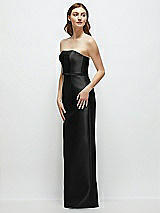 Side View Thumbnail - Black Strapless Satin Column Dress with Bow-Trimmed Skinny Belt