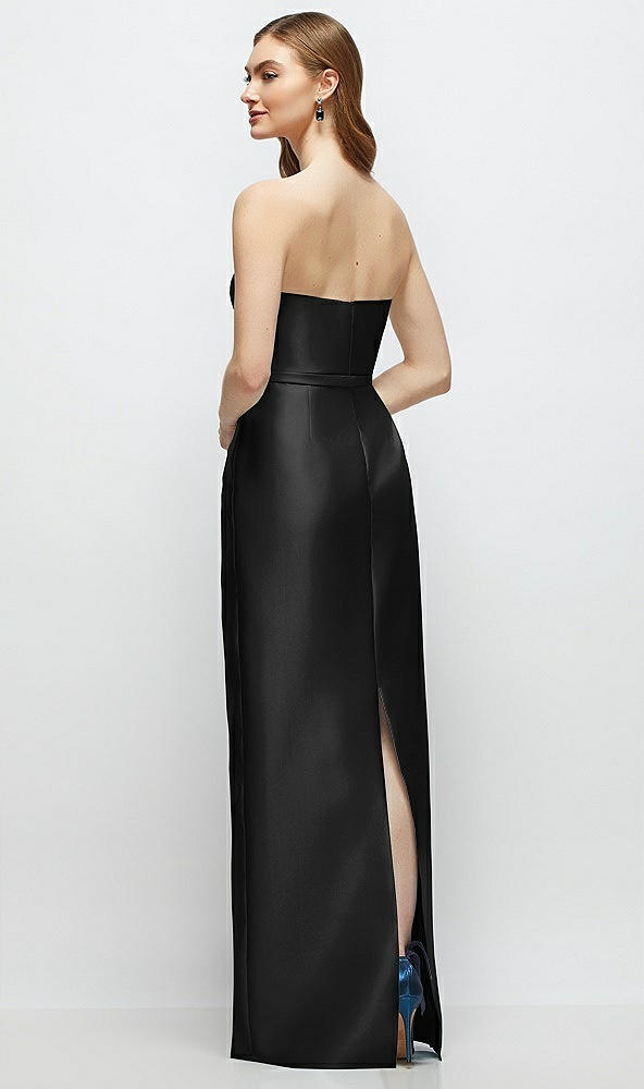 Back View - Black Strapless Satin Column Dress with Bow-Trimmed Skinny Belt