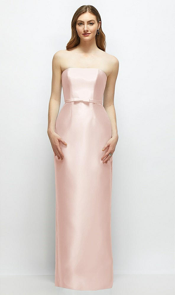 Front View - Blush Strapless Satin Column Dress with Bow-Trimmed Skinny Belt