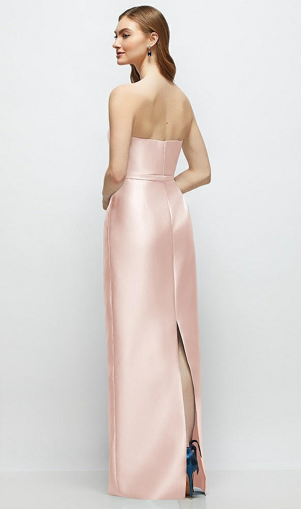 Back View - Blush Strapless Satin Column Dress with Bow-Trimmed Skinny Belt