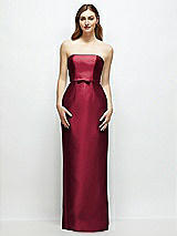 Front View Thumbnail - Burgundy Strapless Satin Column Dress with Bow-Trimmed Skinny Belt