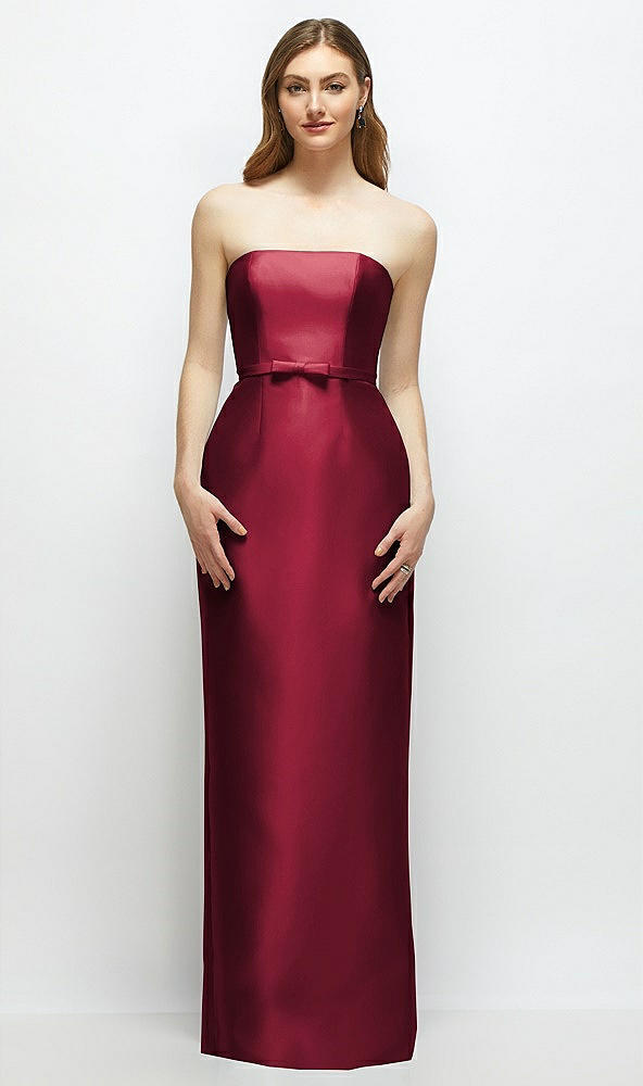 Front View - Burgundy Strapless Satin Column Dress with Bow-Trimmed Skinny Belt