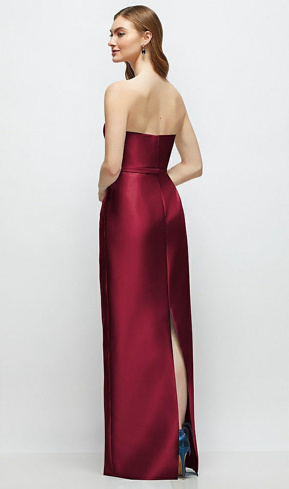 Back View - Burgundy Strapless Satin Column Dress with Bow-Trimmed Skinny Belt