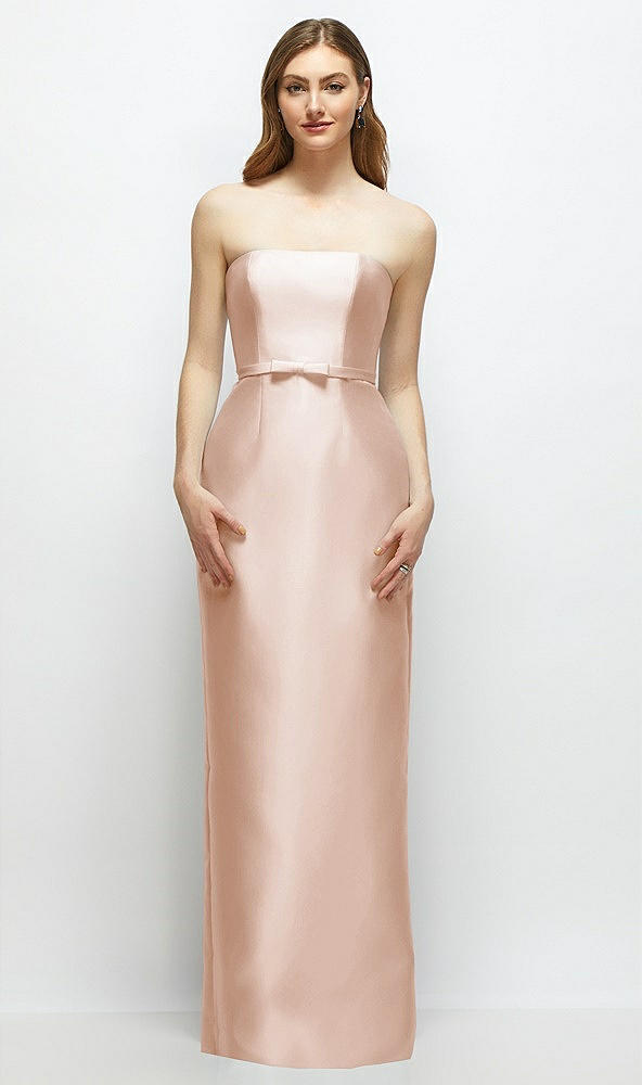 Front View - Cameo Strapless Satin Column Dress with Bow-Trimmed Skinny Belt