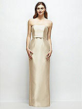 Front View Thumbnail - Champagne Strapless Satin Column Dress with Bow-Trimmed Skinny Belt