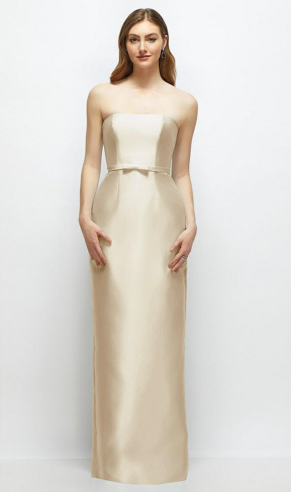 Front View - Champagne Strapless Satin Column Dress with Bow-Trimmed Skinny Belt