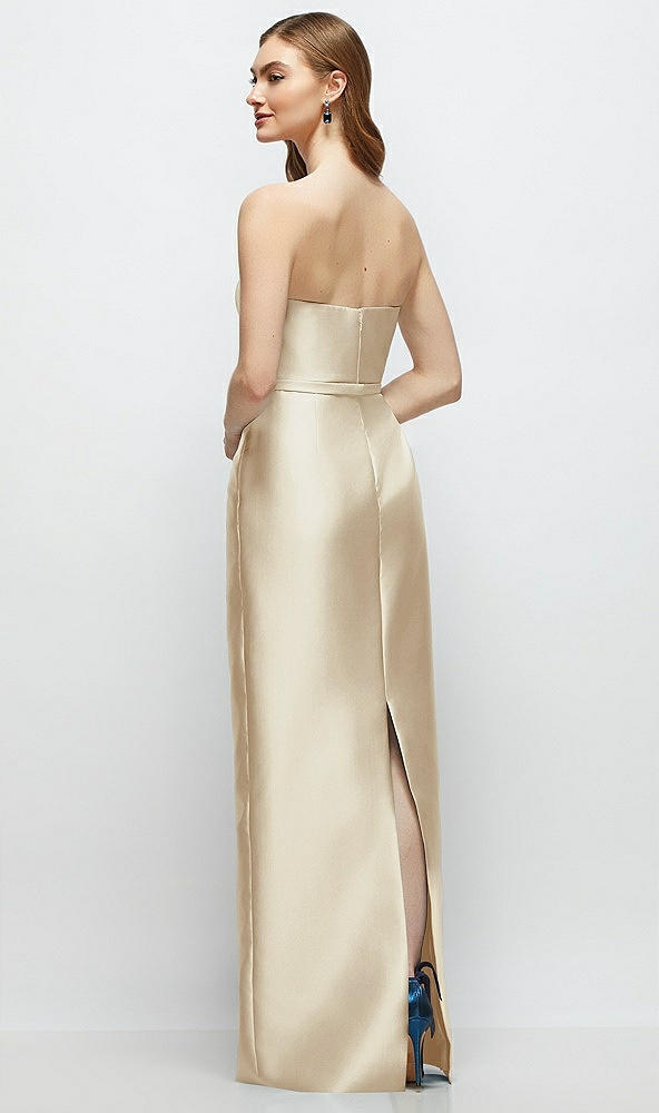 Back View - Champagne Strapless Satin Column Dress with Bow-Trimmed Skinny Belt