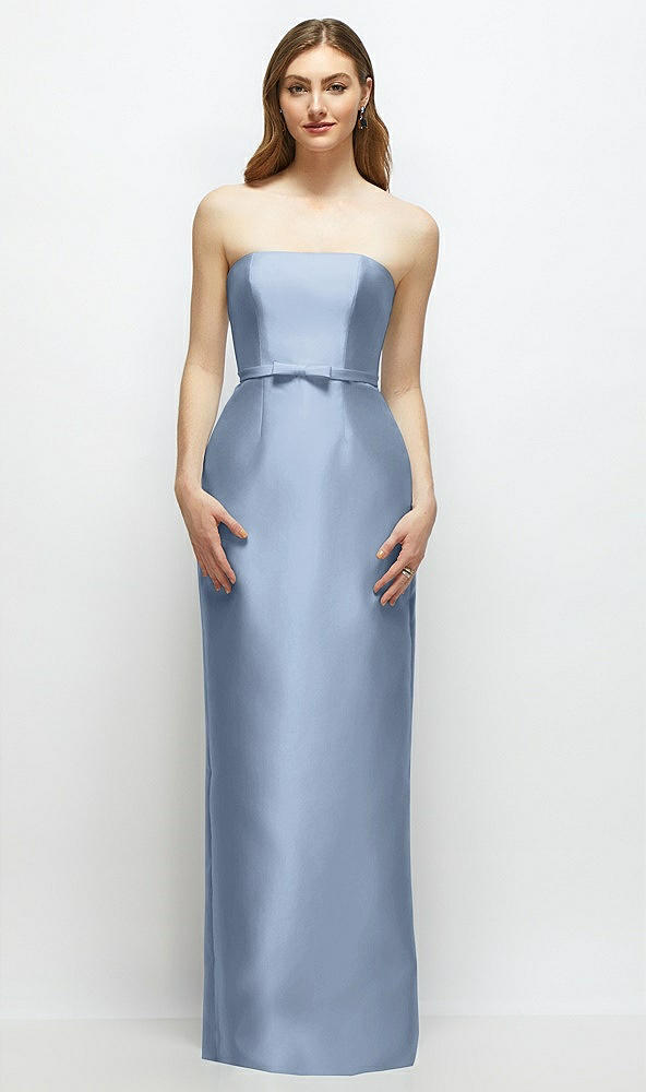 Front View - Cloudy Strapless Satin Column Dress with Bow-Trimmed Skinny Belt