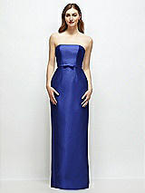 Front View Thumbnail - Cobalt Blue Strapless Satin Column Dress with Bow-Trimmed Skinny Belt