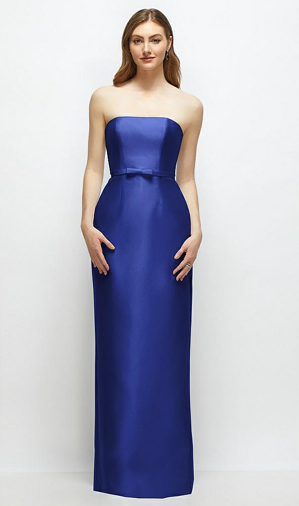 Front View - Cobalt Blue Strapless Satin Column Dress with Bow-Trimmed Skinny Belt