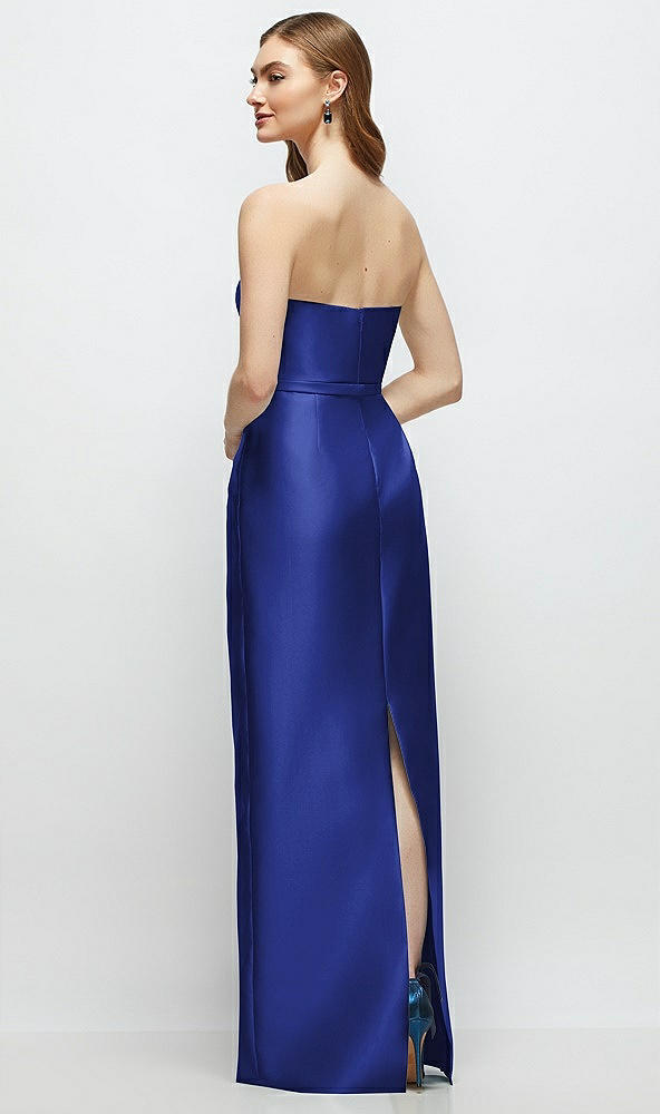 Back View - Cobalt Blue Strapless Satin Column Dress with Bow-Trimmed Skinny Belt