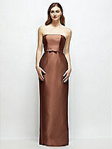 Front View Thumbnail - Cognac Strapless Satin Column Dress with Bow-Trimmed Skinny Belt