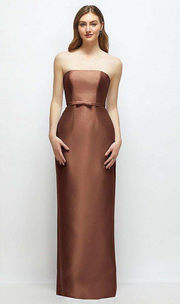 Front View - Cognac Strapless Satin Column Dress with Bow-Trimmed Skinny Belt