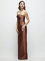 Side View Thumbnail - Cognac Strapless Satin Column Dress with Bow-Trimmed Skinny Belt