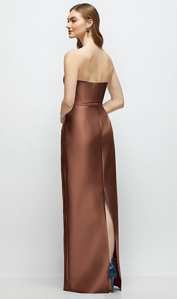 Back View - Cognac Strapless Satin Column Dress with Bow-Trimmed Skinny Belt