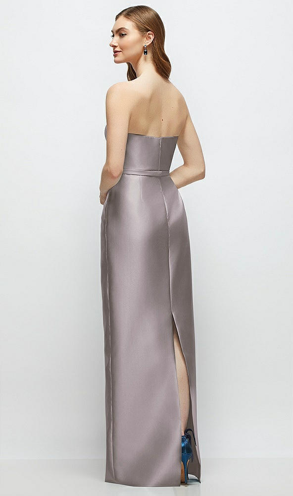 Back View - Cashmere Gray Strapless Satin Column Dress with Bow-Trimmed Skinny Belt