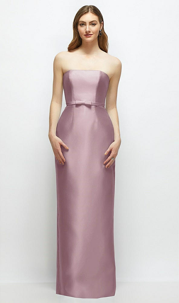 Front View - Dusty Rose Strapless Satin Column Dress with Bow-Trimmed Skinny Belt