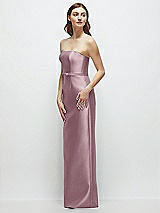 Side View Thumbnail - Dusty Rose Strapless Satin Column Dress with Bow-Trimmed Skinny Belt