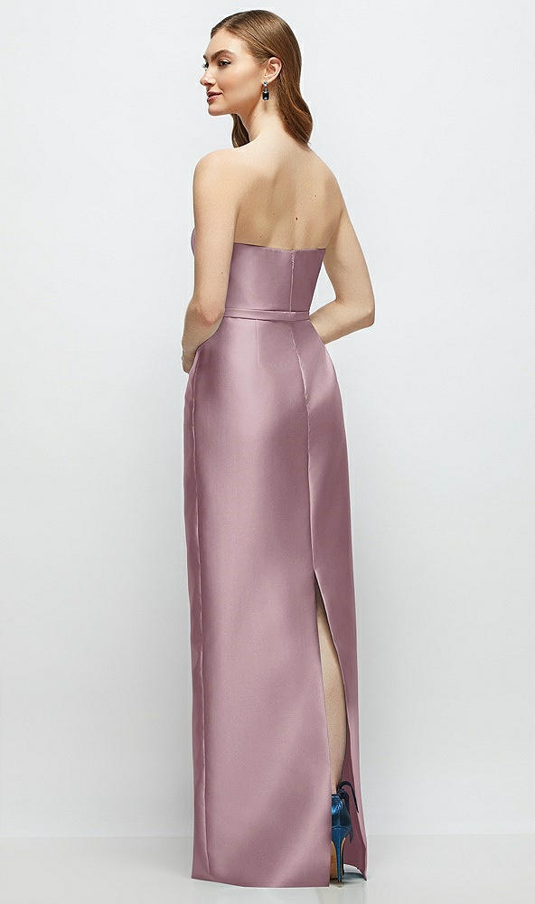 Back View - Dusty Rose Strapless Satin Column Dress with Bow-Trimmed Skinny Belt