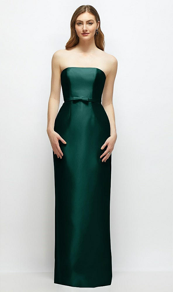 Front View - Evergreen Strapless Satin Column Dress with Bow-Trimmed Skinny Belt