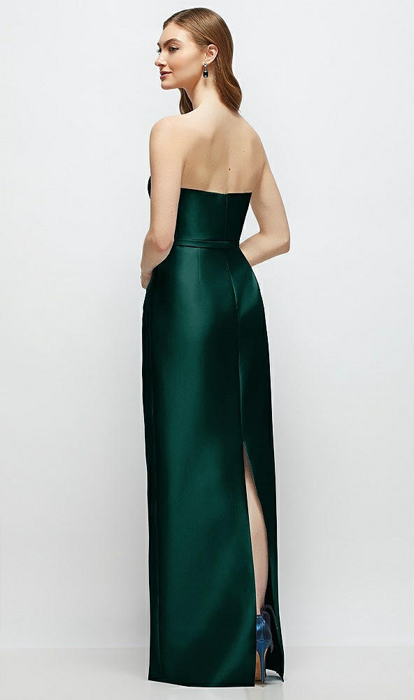 Back View - Evergreen Strapless Satin Column Dress with Bow-Trimmed Skinny Belt