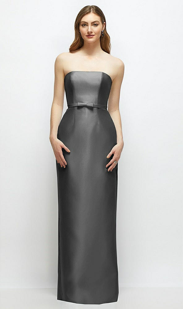 Front View - Gunmetal Strapless Satin Column Dress with Bow-Trimmed Skinny Belt