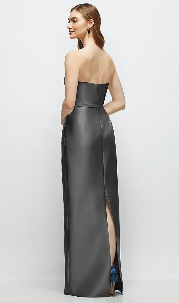 Back View - Gunmetal Strapless Satin Column Dress with Bow-Trimmed Skinny Belt