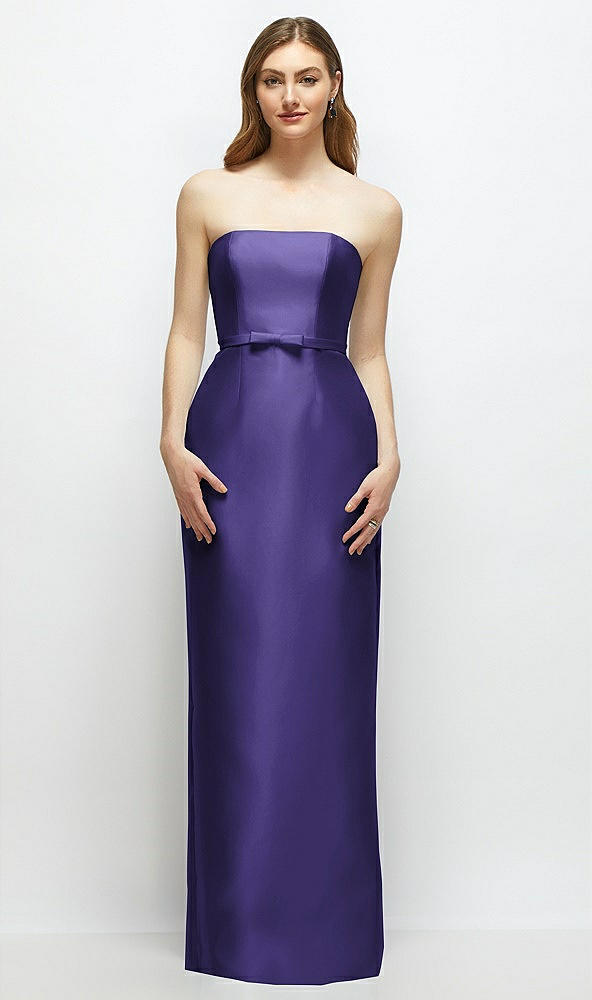 Front View - Grape Strapless Satin Column Dress with Bow-Trimmed Skinny Belt