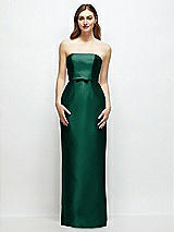 Front View Thumbnail - Hunter Green Strapless Satin Column Dress with Bow-Trimmed Skinny Belt