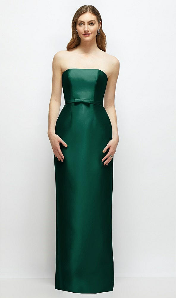 Front View - Hunter Green Strapless Satin Column Dress with Bow-Trimmed Skinny Belt