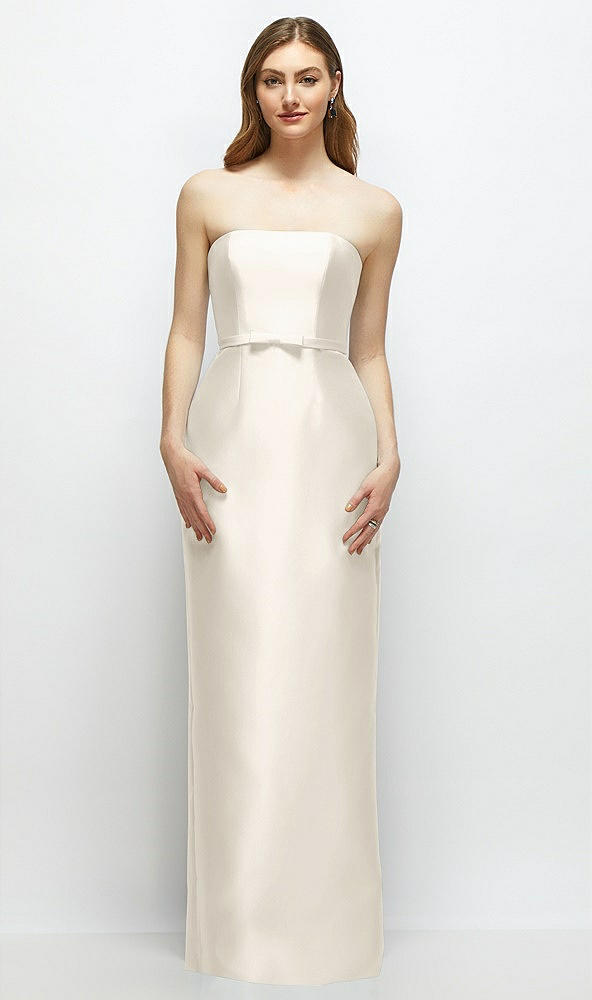 Front View - Ivory Strapless Satin Column Dress with Bow-Trimmed Skinny Belt