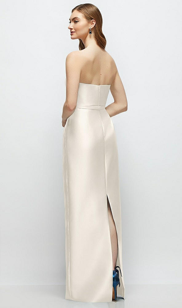 Back View - Ivory Strapless Satin Column Dress with Bow-Trimmed Skinny Belt