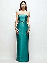 Front View Thumbnail - Jade Strapless Satin Column Dress with Bow-Trimmed Skinny Belt