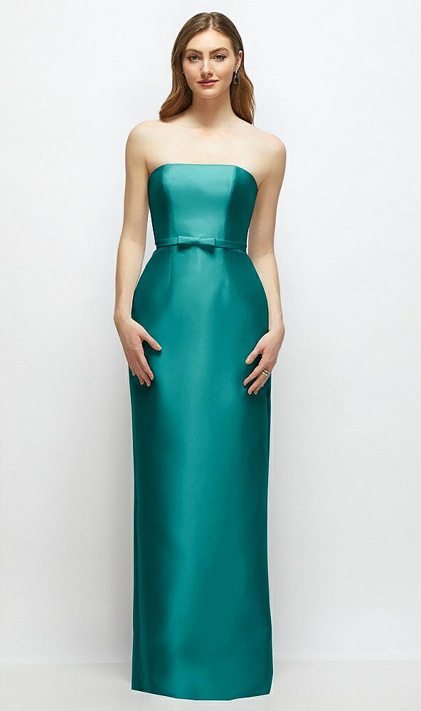 Front View - Jade Strapless Satin Column Dress with Bow-Trimmed Skinny Belt