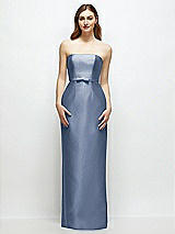 Front View Thumbnail - Larkspur Blue Strapless Satin Column Dress with Bow-Trimmed Skinny Belt